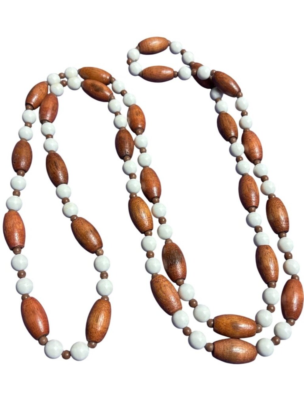 Vintage White Plastic Brown Wooden Beaded Necklace No Clasp 46 inches Long